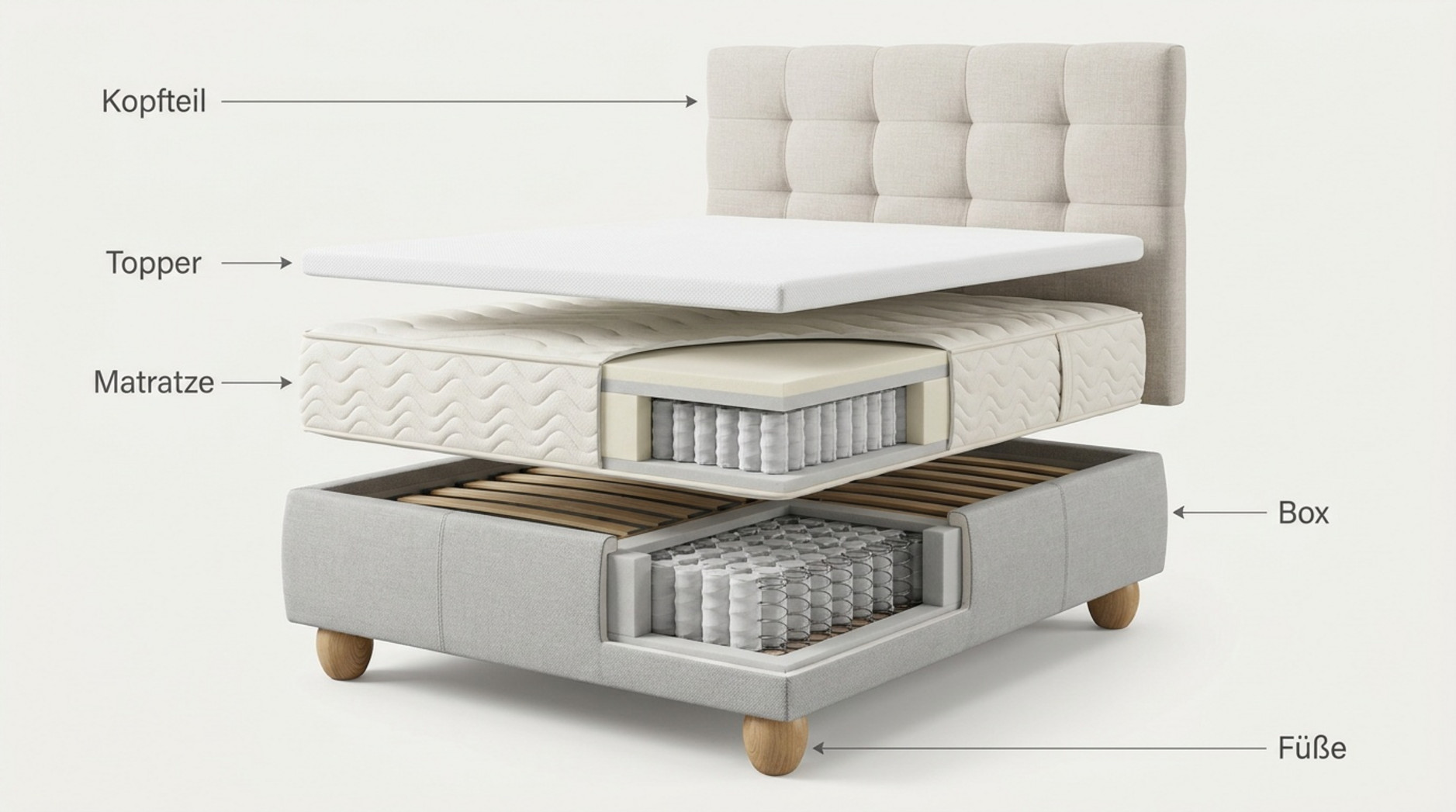 xplosionsdarstellung eines Boxspringbetts mit beschriftetem Kopfteil, Topper, Matratze, Box und Füßen