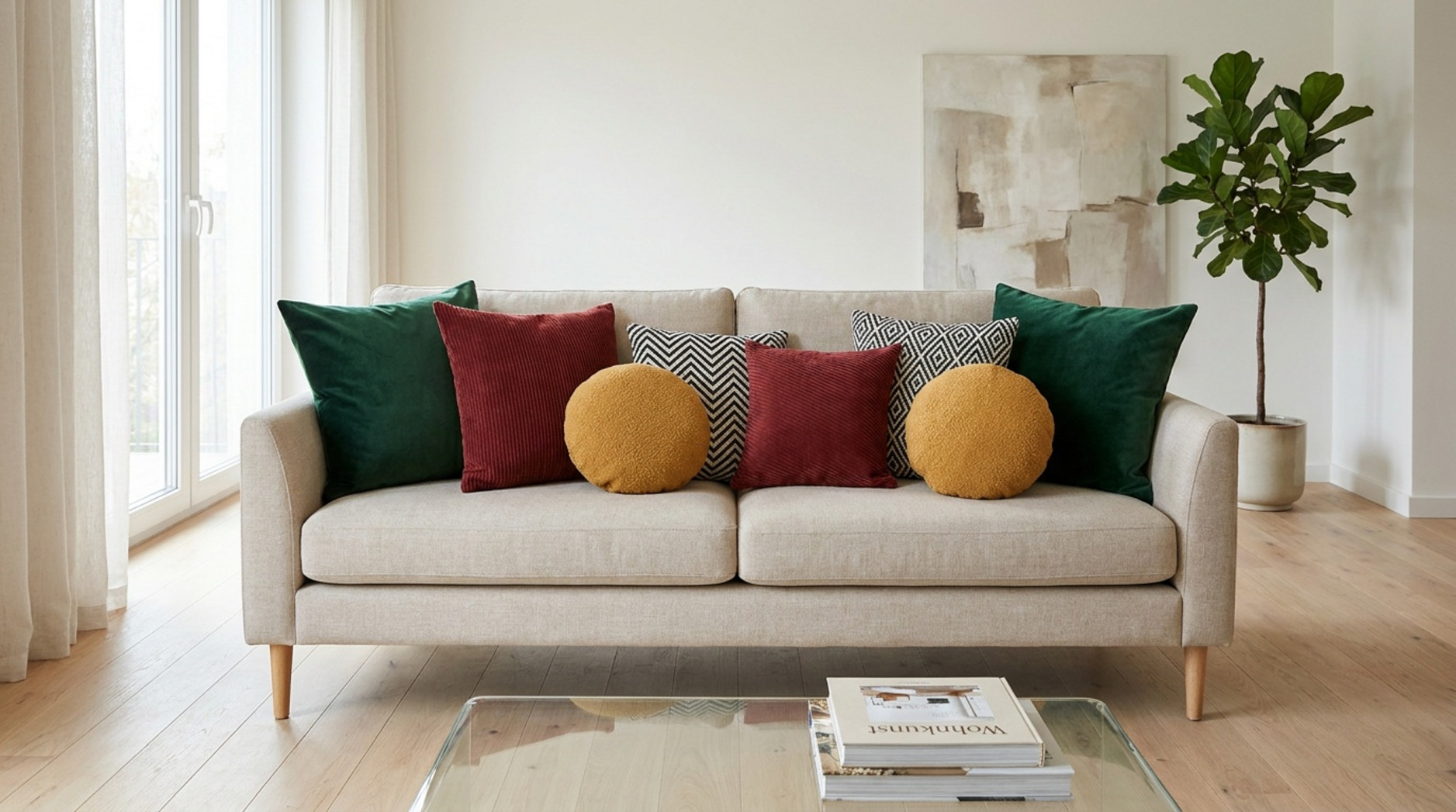 Beiges Sofa mit grünen, roten, gelben und gemusterten Dekokissen in einem hellen Wohnzimmer