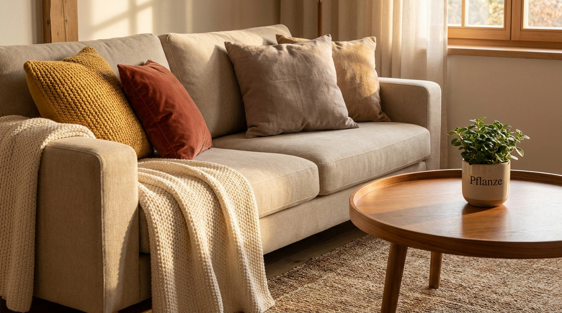 Beiges Sofa mit farbigen Dekokissen, Strickdecke und rundem Holzcouchtisch mit Pflanze