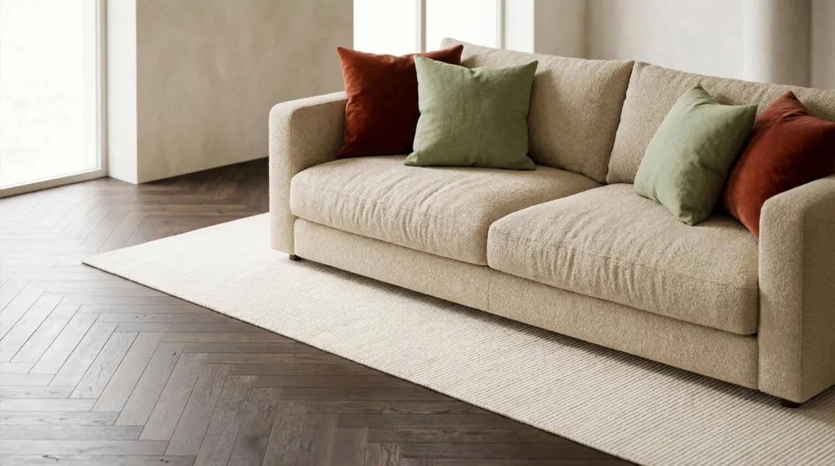  Beiges Sofa mit grünen und rostfarbenen Zierkissen auf einem hellen Teppich