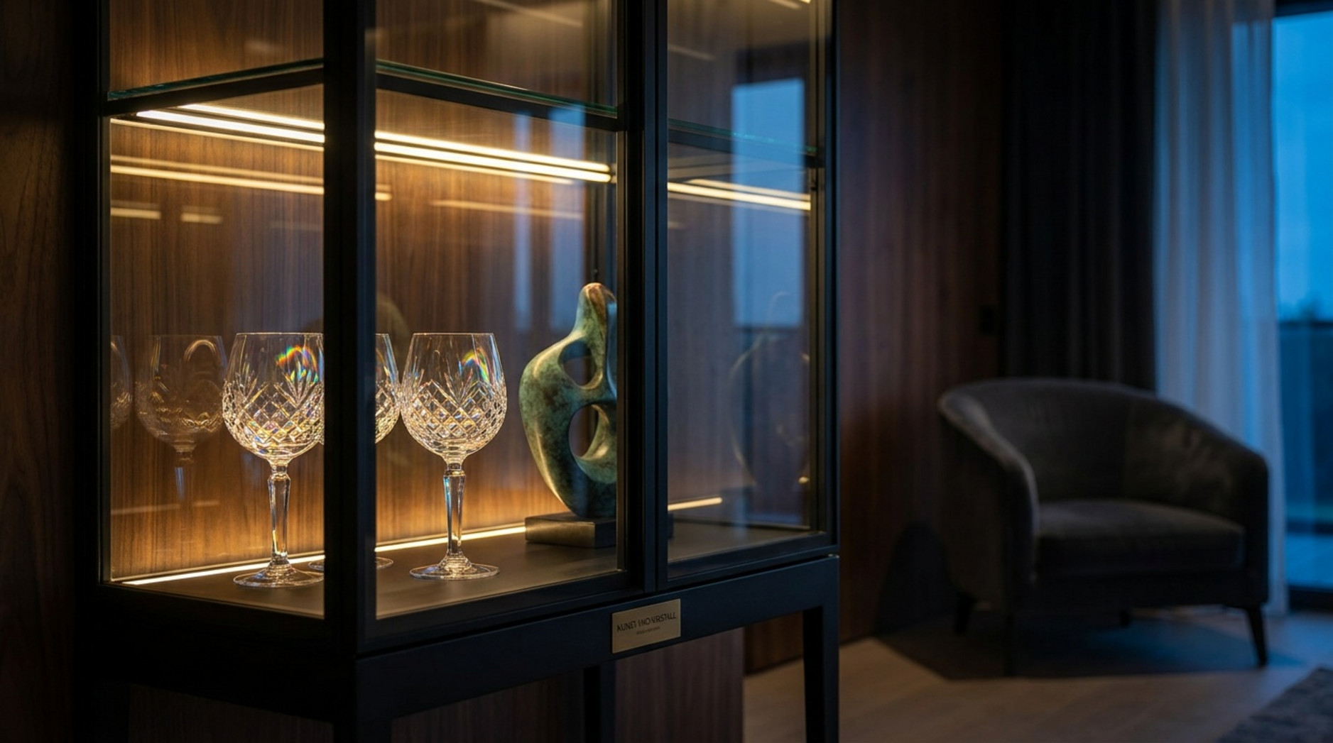 Beleuchtete Glasvitrine mit Kristallgläsern und abstrakter Skulptur in einem dunkel eingerichteten Wohnraum