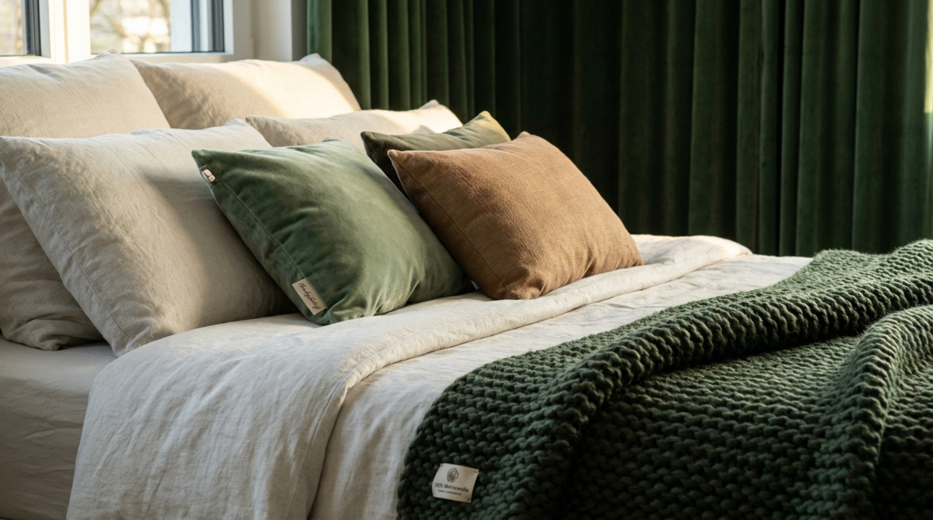 Bett mit hellen Leinenkissen, grünen und braunen Dekokissen sowie dunkelgrüner Strickdecke
