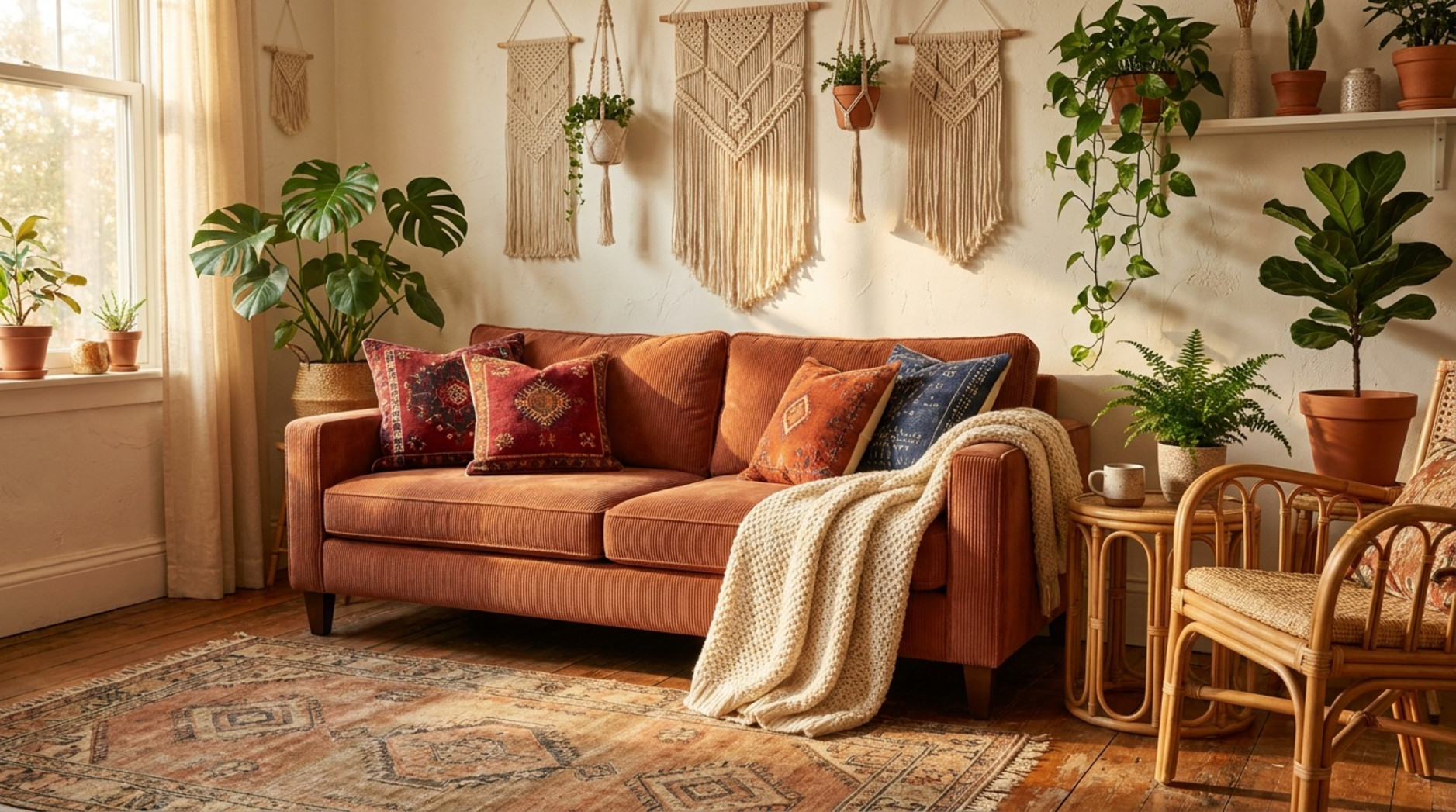 Warm eingerichtetes Boho-Wohnzimmer mit terrakottafarbenem Cordsofa, gemusterten Polstern, Makramee-Wandschmuck und vielen Zimmerpflanzen