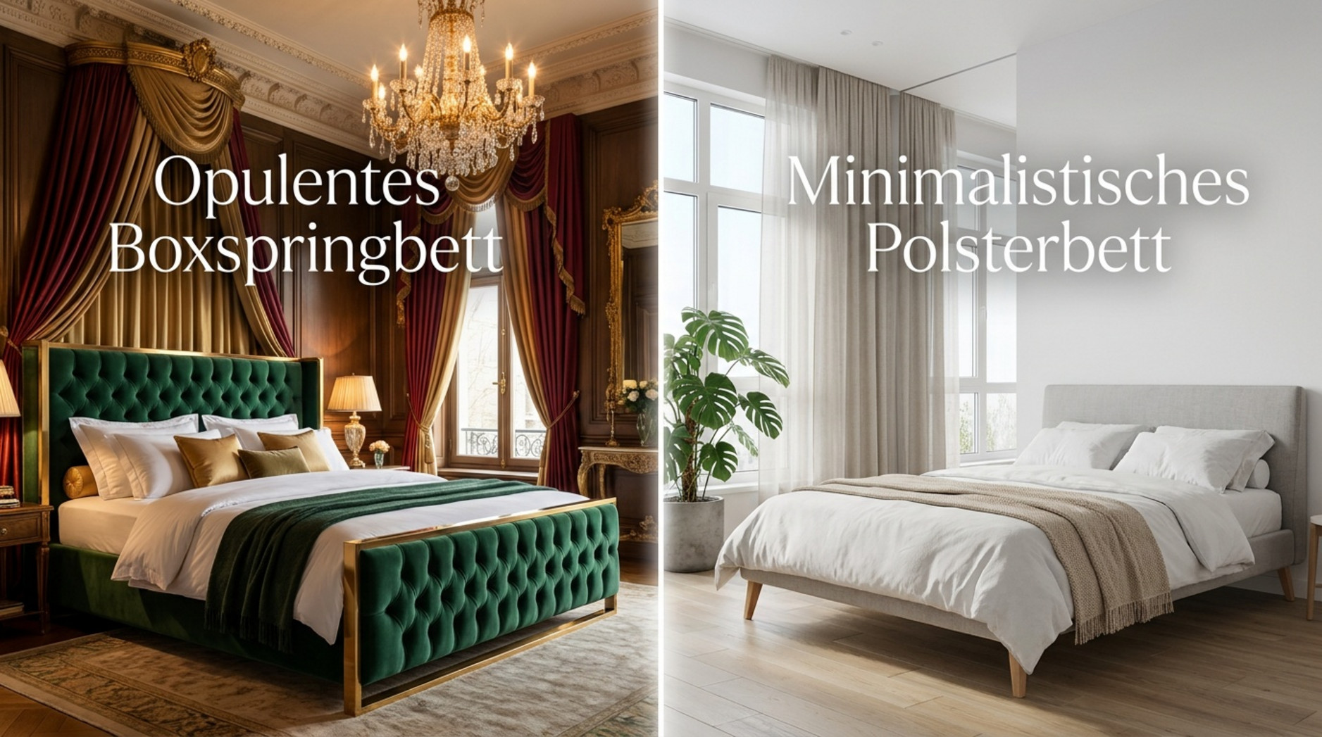 Vergleich zwischen opulentem Boxspringbett und minimalistischem Polsterbett in zwei unterschiedlich eingerichteten Schlafzimmern