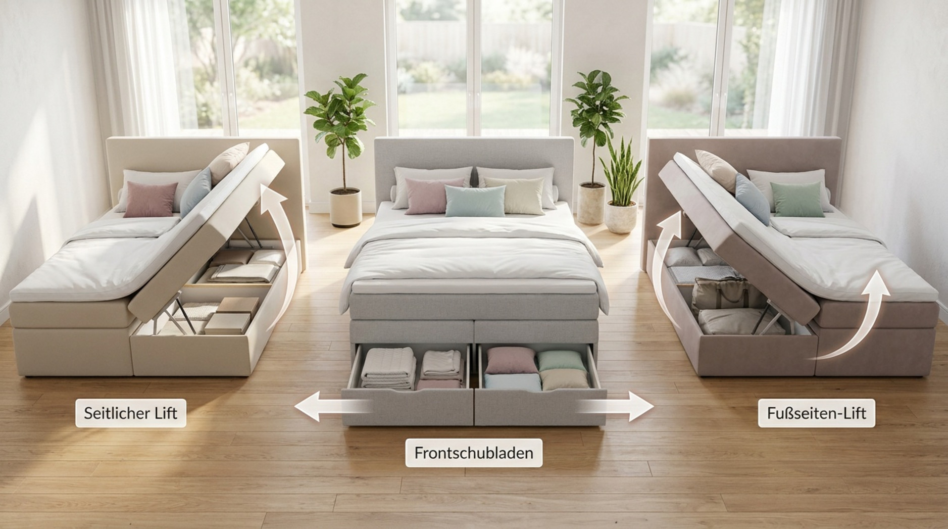 Vergleich von drei Boxspringbetten mit Stauraum durch seitlichen Lift, Frontschubladen und Fußseiten-Lift
