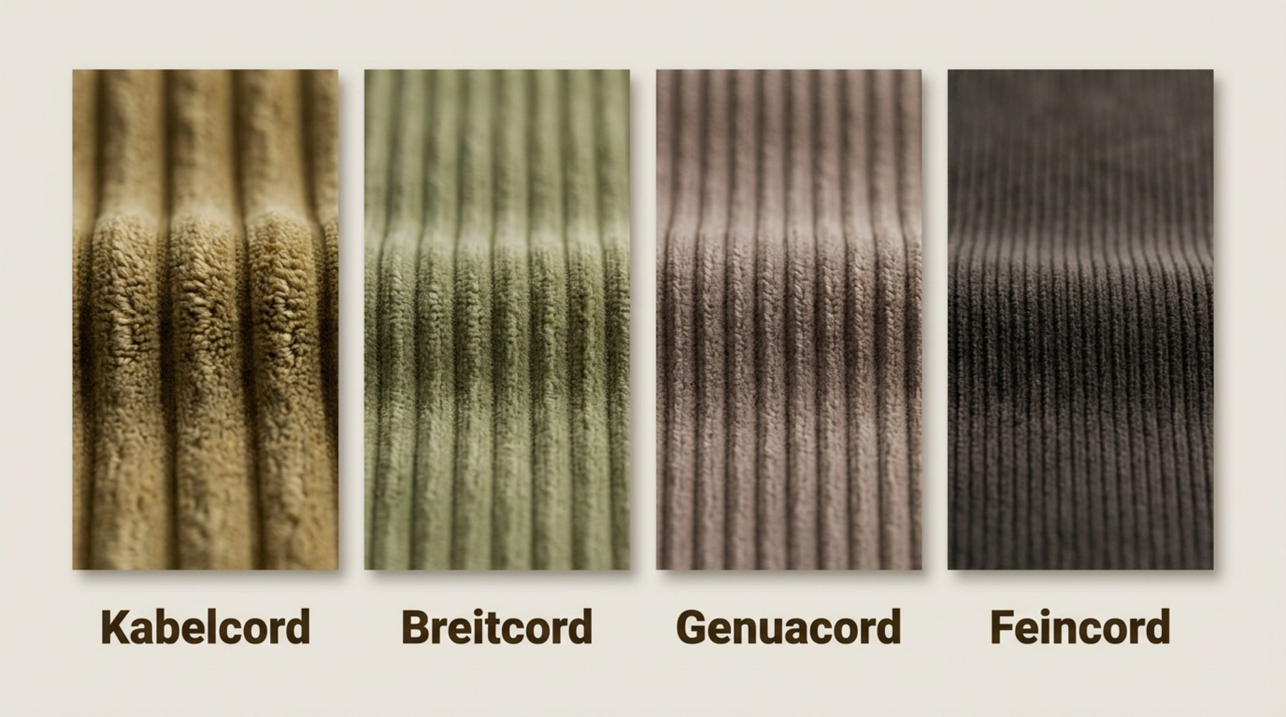 Vier Cordstoff-Muster mit unterschiedlichen Rippenbreiten, beschriftet als Kabelcord, Breitcord, Genuacord und Feincord.