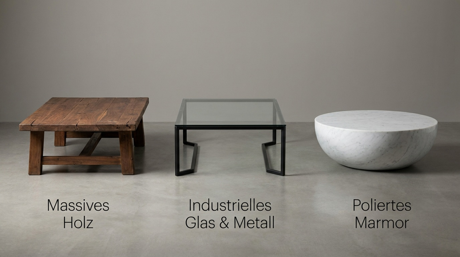 Drei Couchtische aus massivem Holz, Glas mit Metallgestell und poliertem Marmor im Materialvergleich