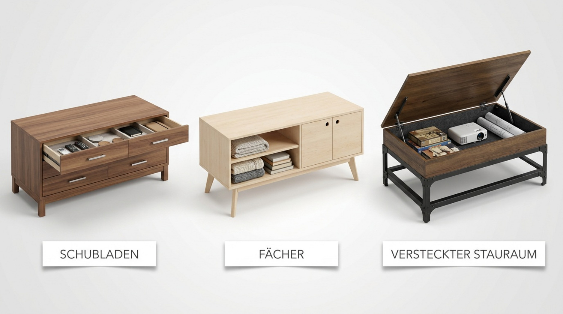 Vergleich von drei Couchtischen mit Schubladen, offenen Fächern und aufklappbarem, verstecktem Stauraum
