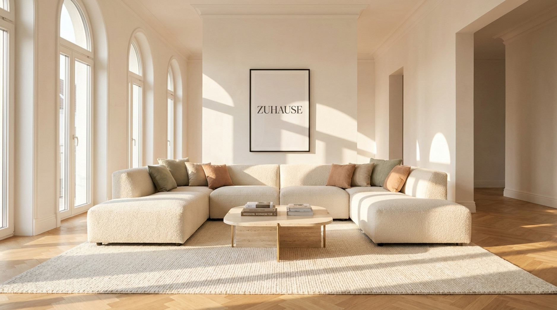 Cremefarbenes U-Sofa mit Couchtisch und Teppich in hellem Wohnzimmer mit großen Rundbogenfenstern