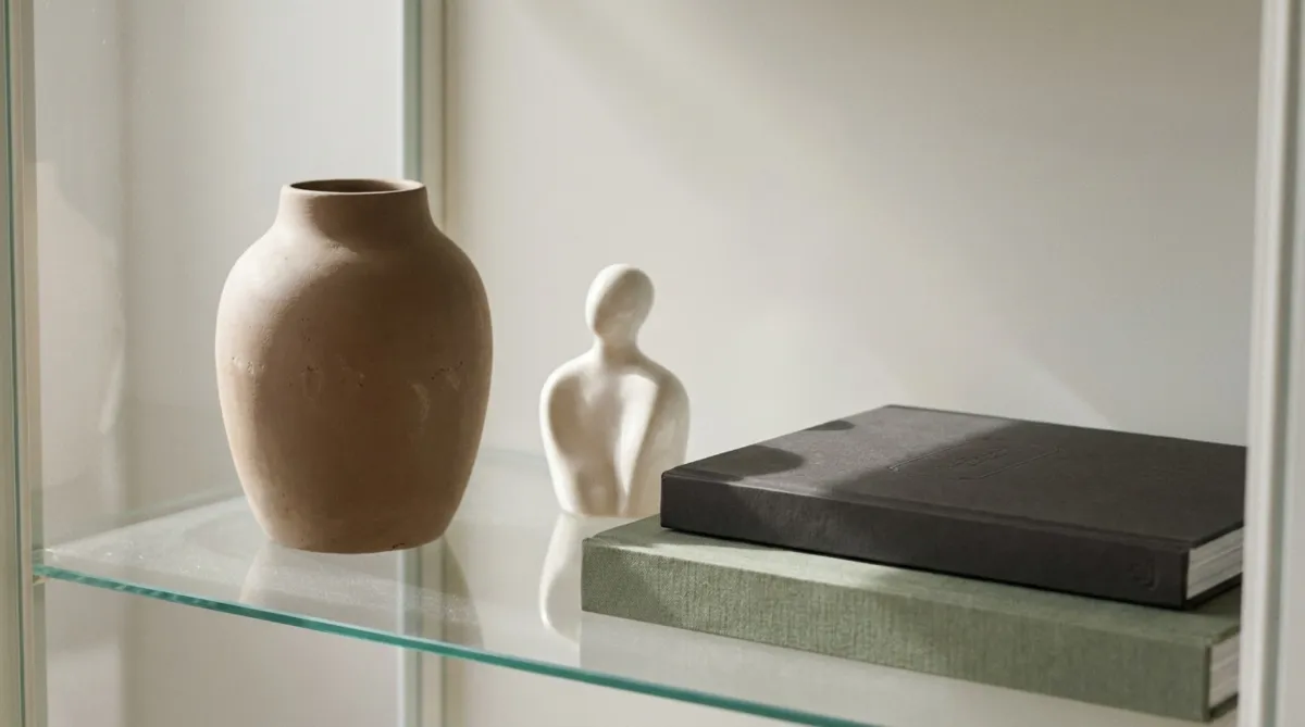Dekoration in einer Glasvitrine mit Keramikvase, kleiner Figur und gestapelten Büchern