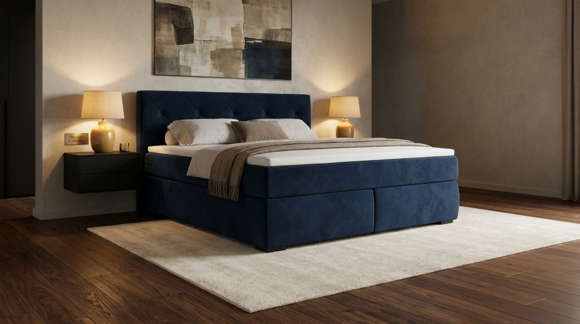 Dunkelblaues Boxspringbett mit gepolstertem Kopfteil, weißer Bettwäsche und zwei Nachttischlampen in einem eleganten Schlafzimmer
