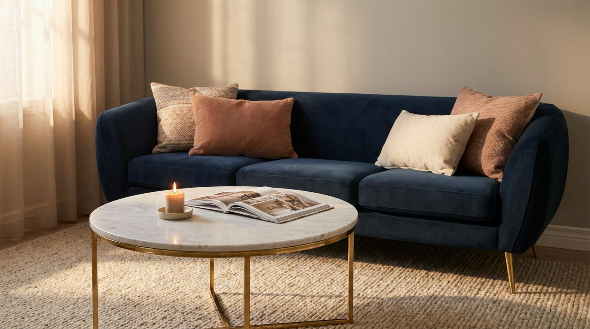 Dunkelblaues Samtsofa mit Zierkissen und rundem Marmortisch in warm beleuchtetem Wohnzimmer