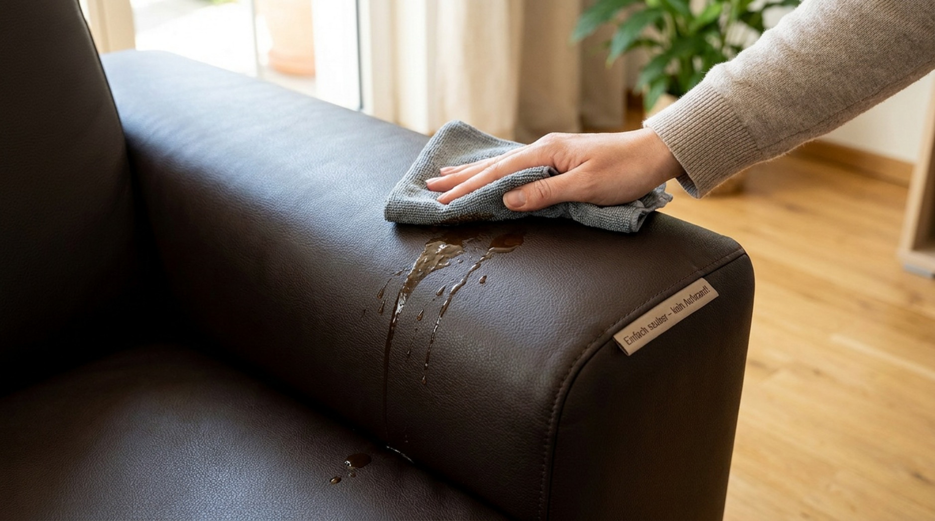 Hand wischt verschüttete Flüssigkeit mit einem Tuch von der Armlehne einer dunklen Ledercouch.