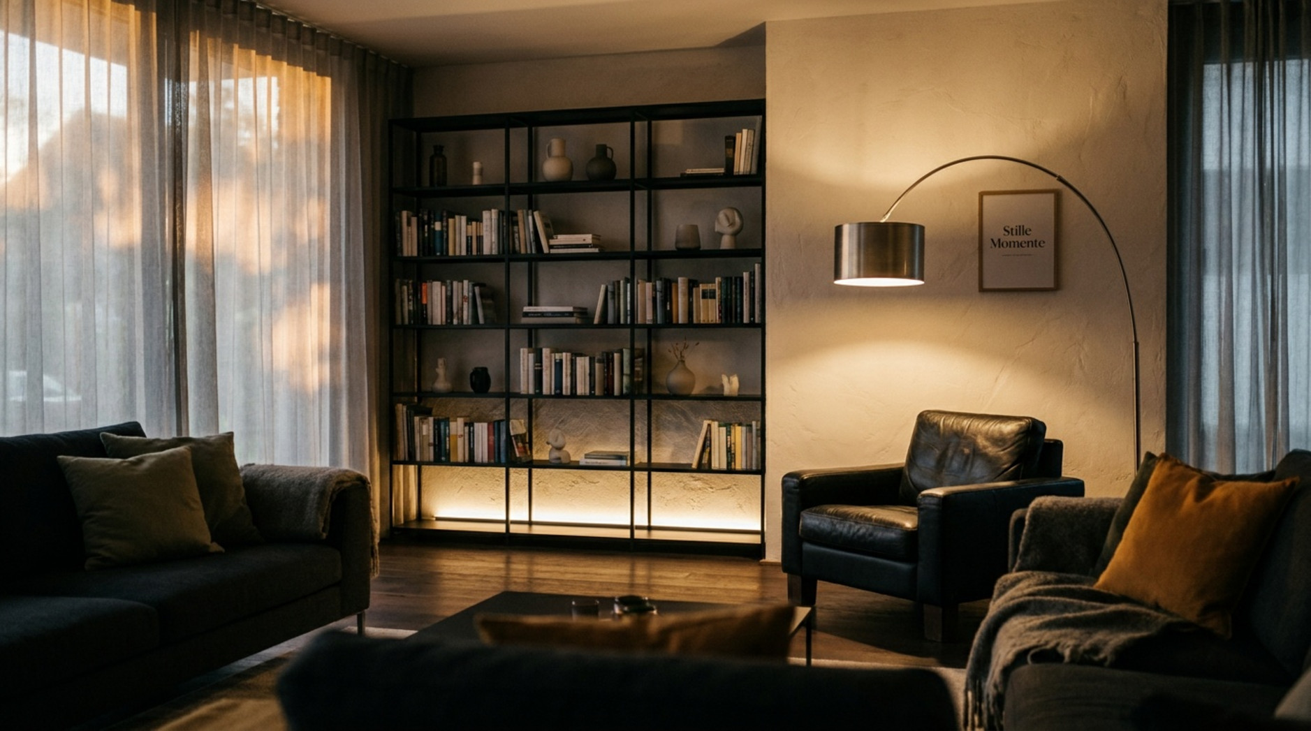 Dunkles Wohnzimmer mit Bücherregal, schwarzem Lederfauteuil, Bogenleuchte, Sofas und bodenlangen Vorhängen.