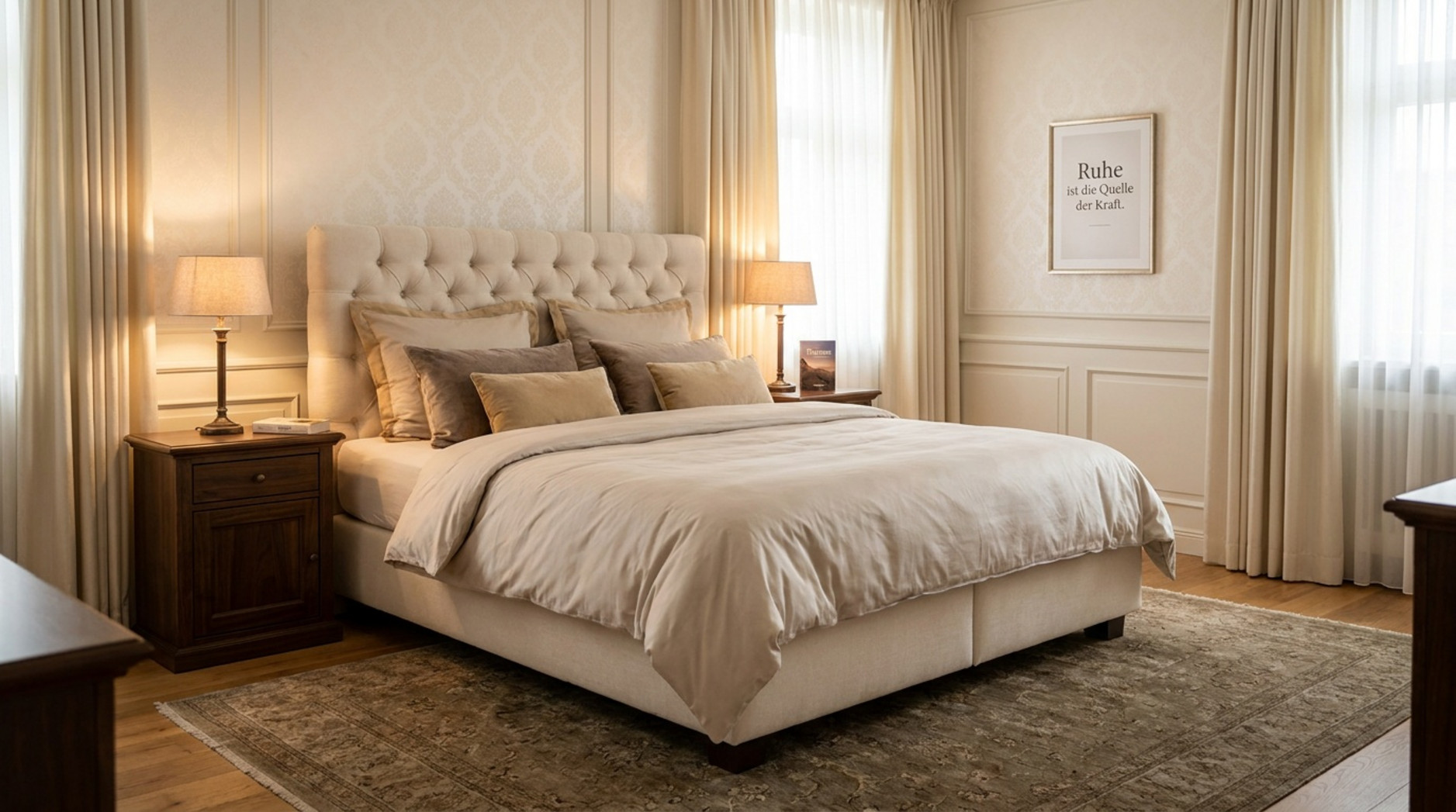 Helles Boxspringbett mit hohem, geknöpftem Kopfteil, mehreren Zierkissen und dunklen Nachtkästchen in einem klassisch eingerichteten Schlafzimmer