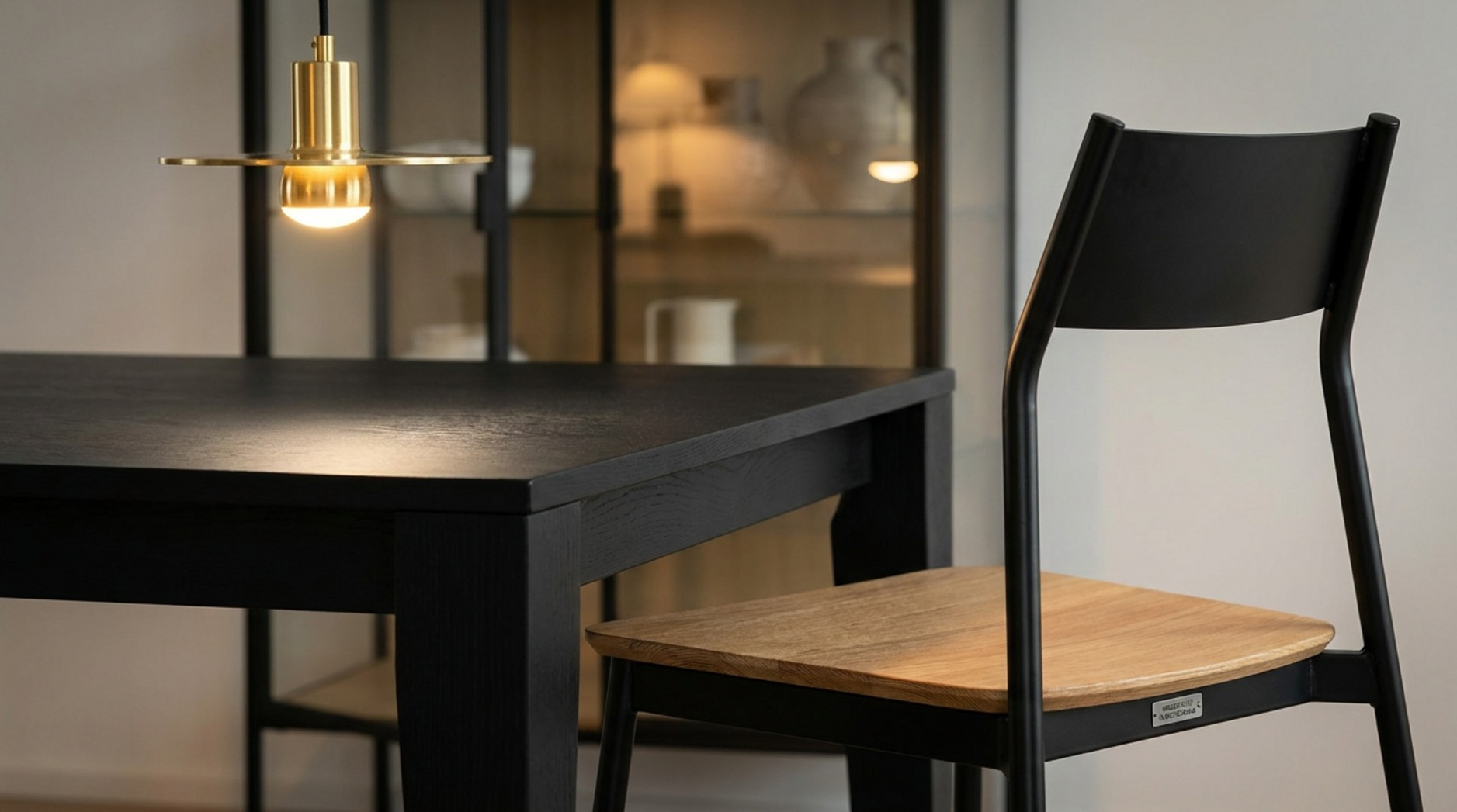 Moderner Essbereich mit schwarzem Tisch, Sessel mit Holzsitzfläche, Messing-Pendelleuchte und Glasvitrine im Hintergrund.
