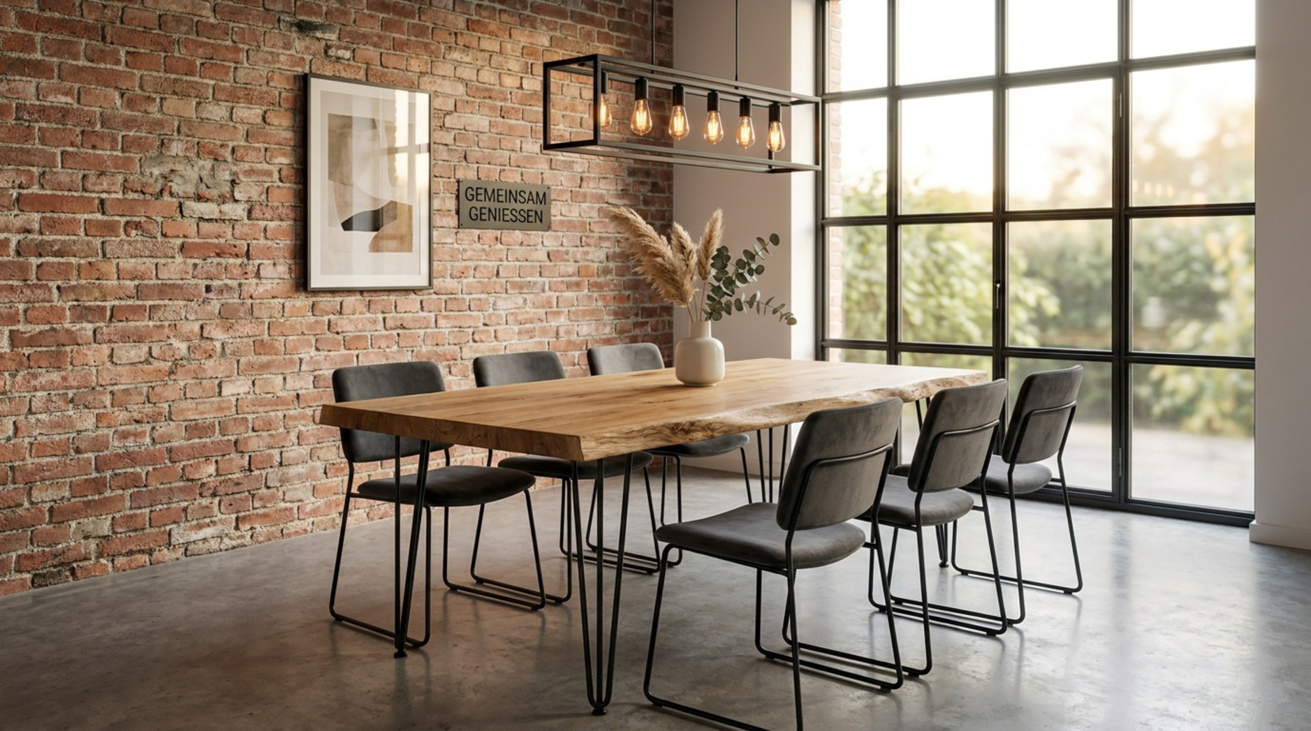 Modernes Esszimmer mit großem Massivholztisch, grauen Stühlen, Backsteinwand und großen Fenstern