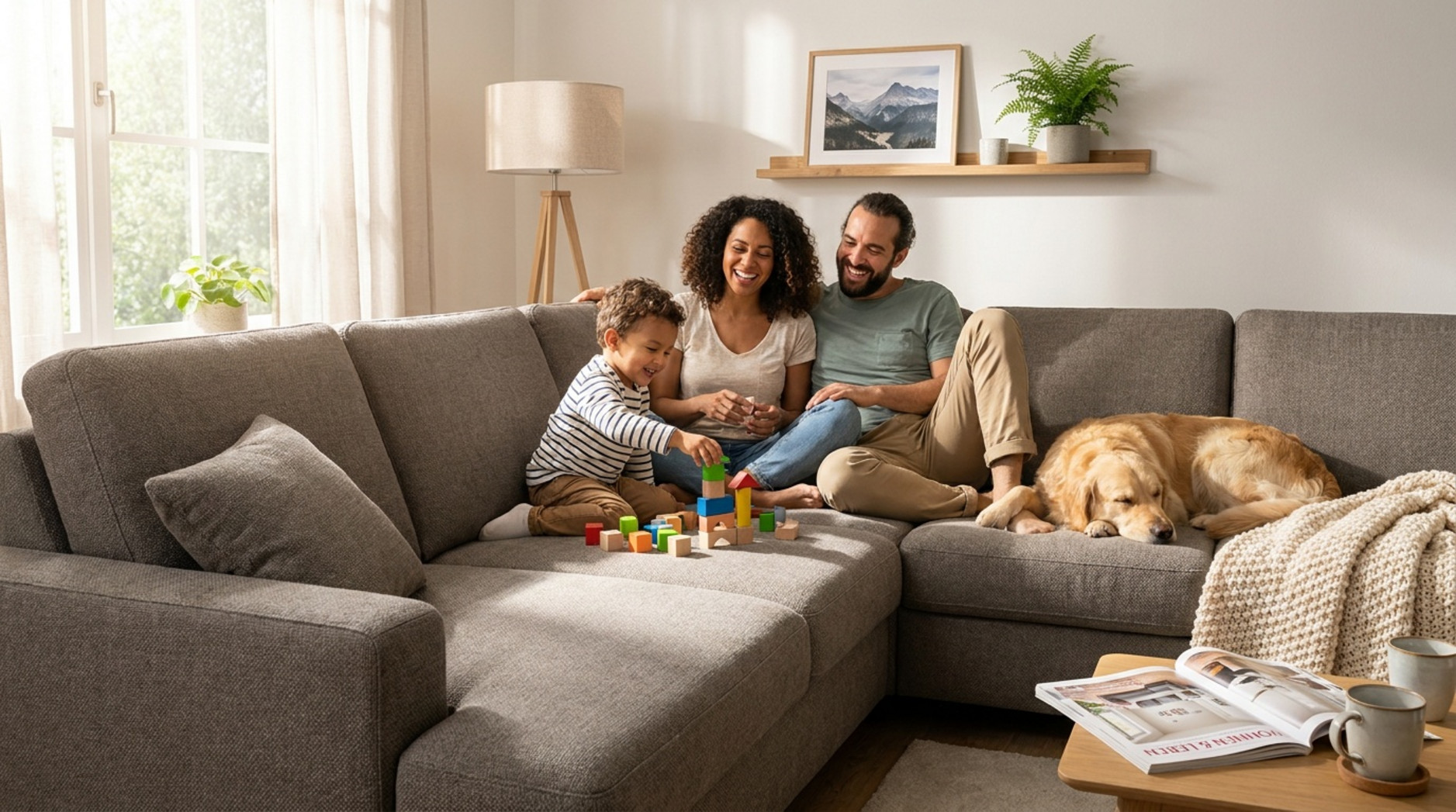 Familie mit Kind und Golden Retriever auf einem großen grauen Ecksofa im hellen Wohnzimmer