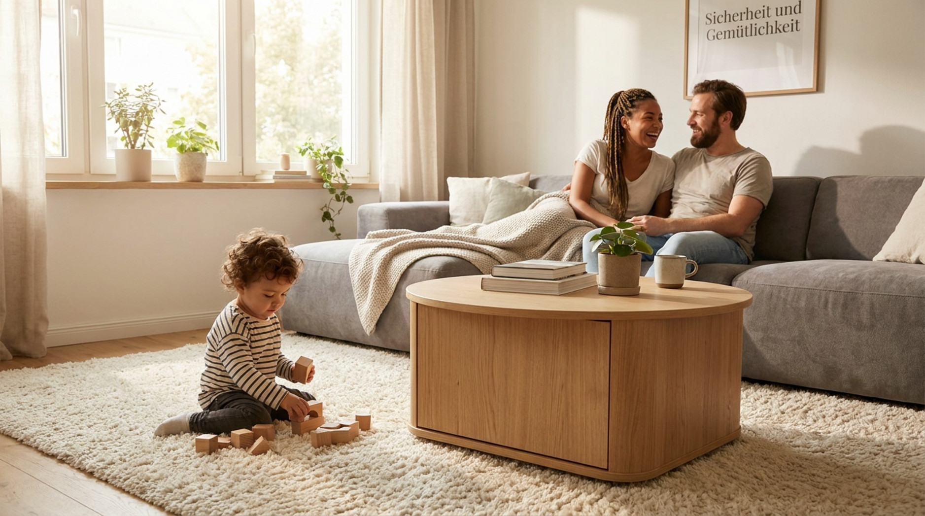 Paar auf einem grauen Sofa und spielendes Kind vor einem runden Couchtisch aus Holz mit geschlossenem Stauraum
