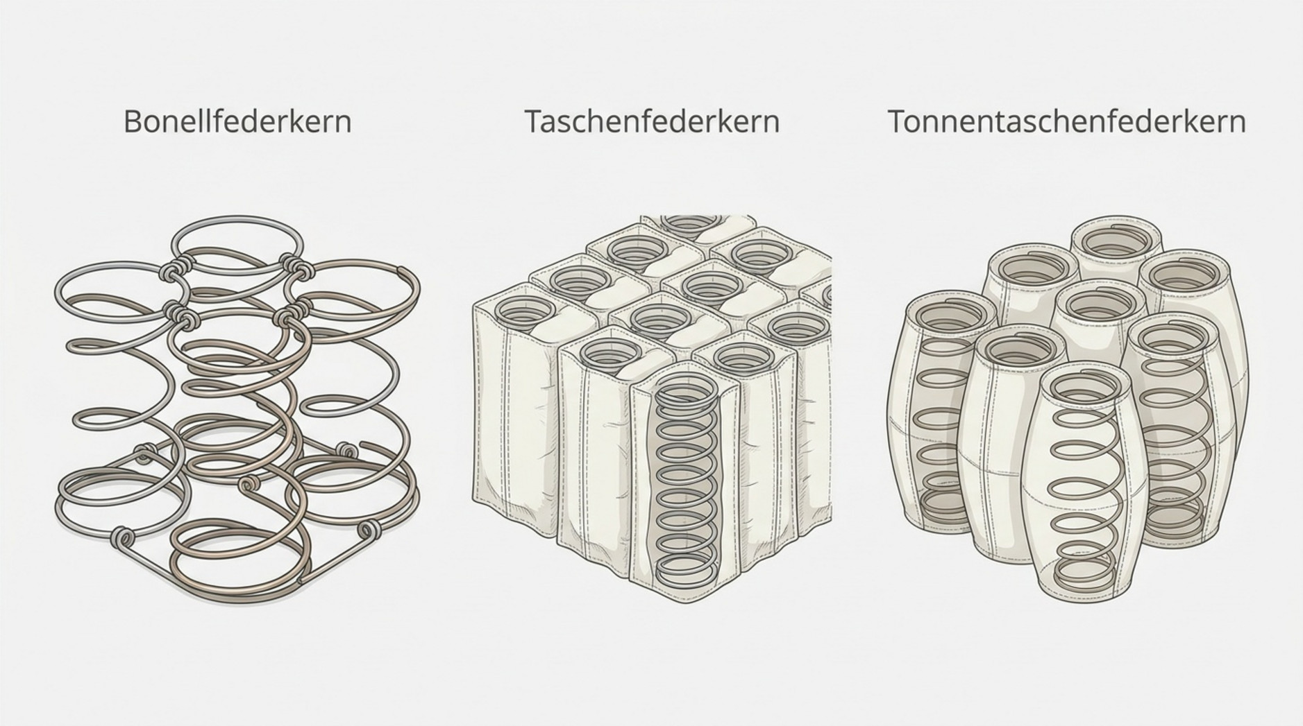 Drei Federkernarten im Vergleich: Bonellfederkern, Taschenfederkern und Tonnentaschenfederkern