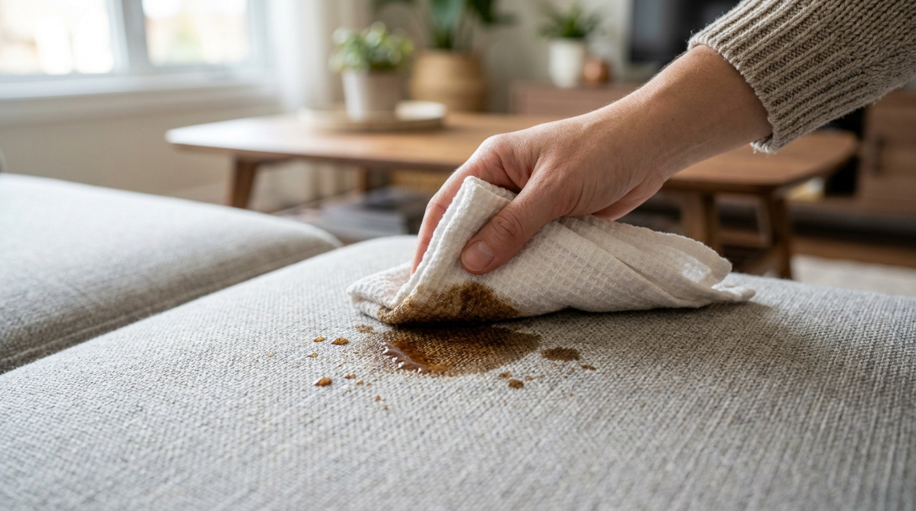 Hand tupft einen braunen Flüssigkeitsfleck mit einem Tuch von einem hellen Stoffsofa ab
