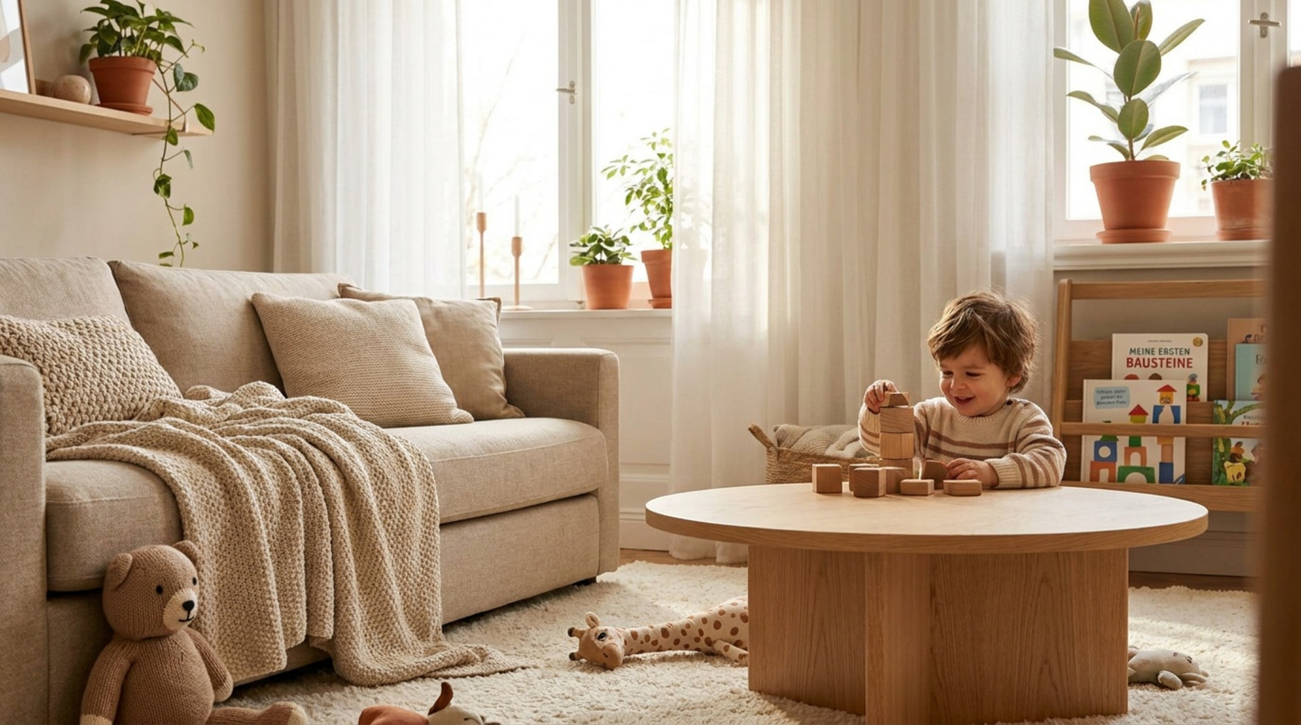 Helles Wohnzimmer mit Sofa, Pflanzen und einem Kind, das am runden Holztisch mit Holzbausteinen spielt.
