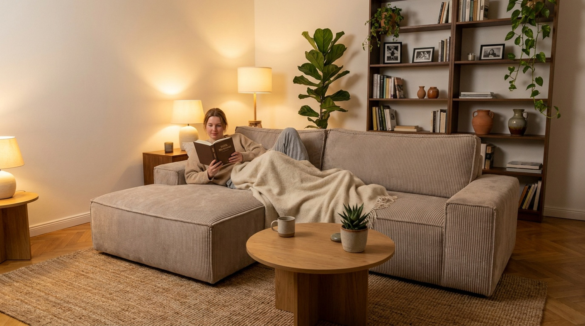 Gemütliches Wohnzimmer mit beigem Cordsofa, warmer Beleuchtung, Holztisch, Bücherregal und einer Person beim Lesen.