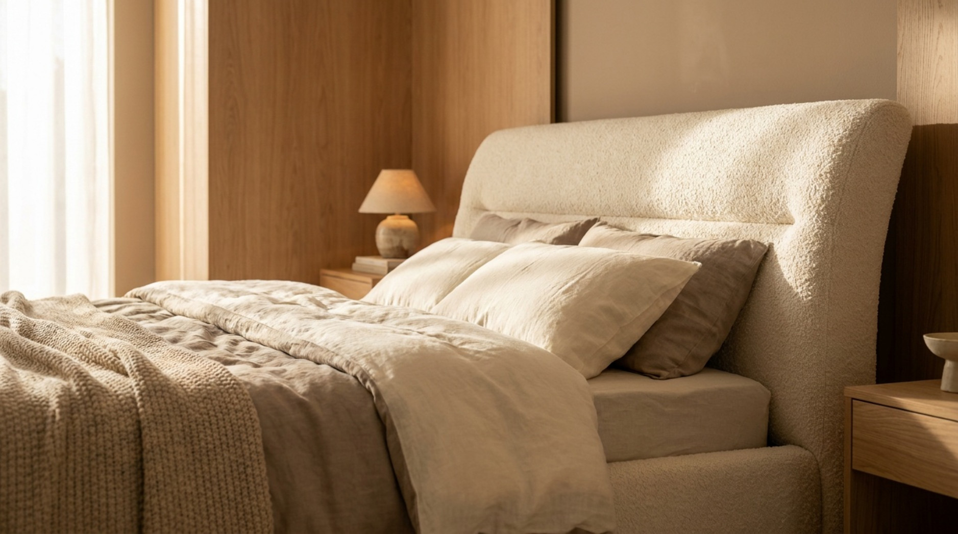 Gepolstertes Bett mit hohem cremefarbenem Bouclé-Kopfteil, heller Bettwäsche und Holznachttischen