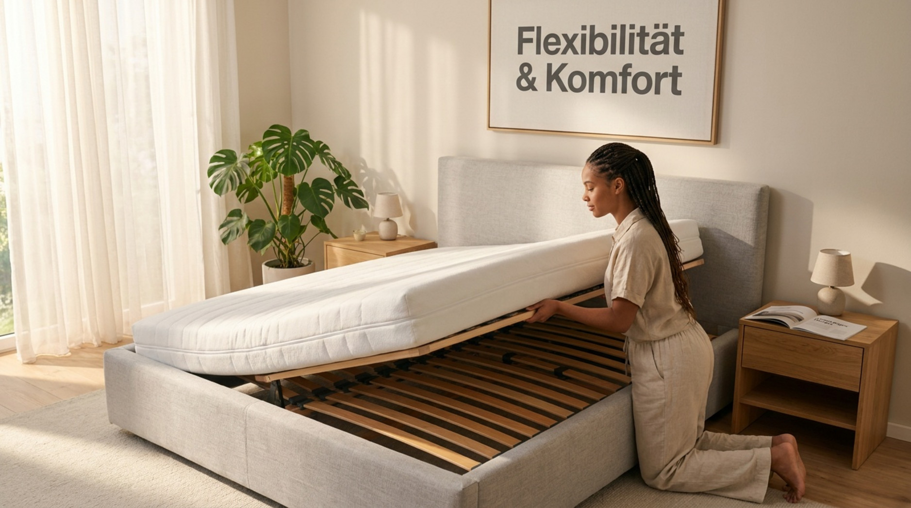 Graues Polsterbett mit angehobener Matratze und verstellbarem Lattenrost in hellem Schlafzimmer