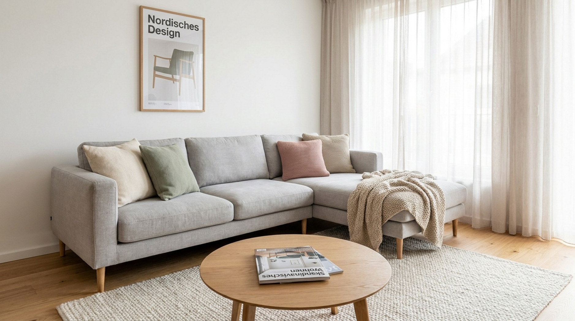 Graues Ecksofa mit Chaiselongue, Pastellkissen und rundem Holztisch in hellem skandinavischem Wohnzimmer