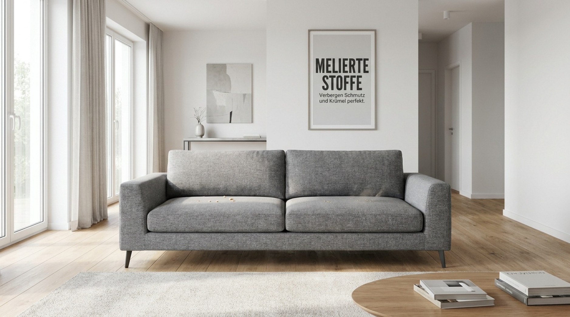 Graues Sofa mit meliertem Bezugsstoff und sichtbaren Krümeln in einem hellen Wohnzimmer