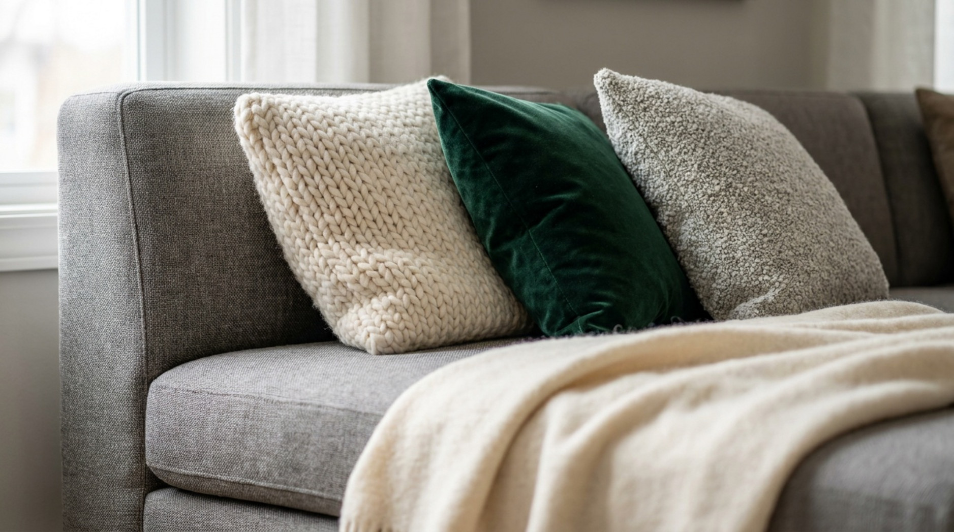 Nahaufnahme eines grauen Sofas mit grobem Strickpolster, grünem Samtpolster, hellem Strukturpolster und weicher Decke.