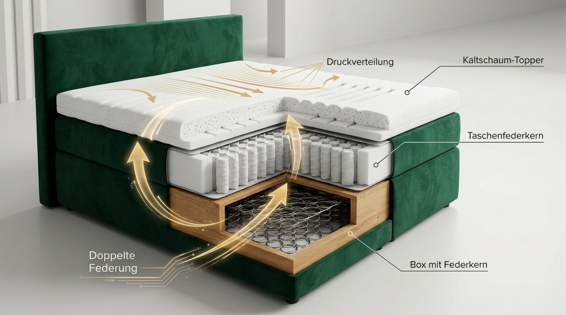Grünes Boxspringbett im Querschnitt mit Kaltschaum-Topper, Taschenfederkern und Box mit Federkern