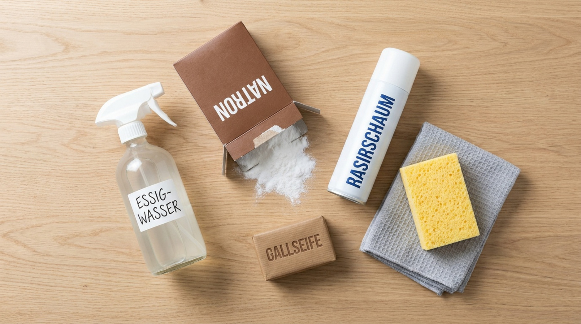 Reinigungsmittel für Polstermöbel mit Essigwasser, Natron, Rasierschaum, Gallseife, Schwamm und Tuch