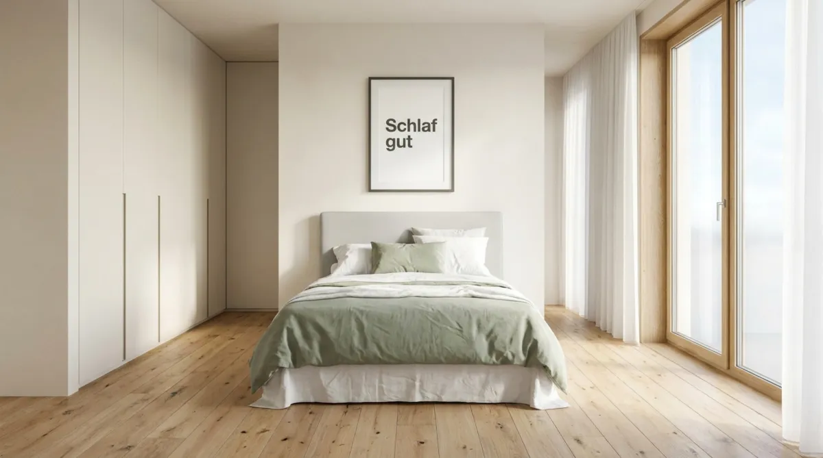 Helles Schlafzimmer mit Einzelbett, grün-weißer Bettwäsche und eingebautem Kleiderschrank