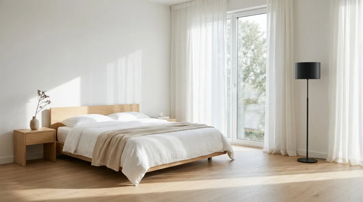 Helles Schlafzimmer mit Holzbett, weißer Bettwäsche, Holz-Nachttisch und schwarzer Stehlampe