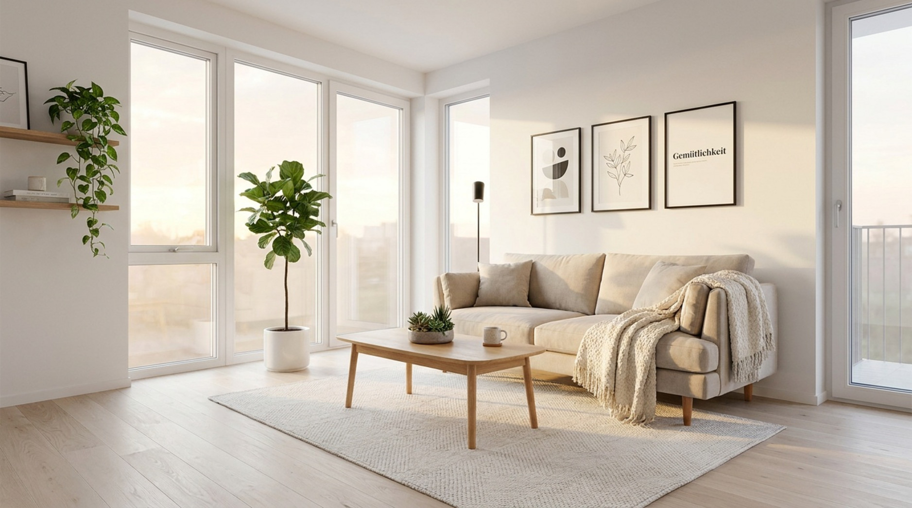 Helles Wohnzimmer mit beigem Sofa, Holzcouchtisch, Zimmerpflanzen und großen Fenstern