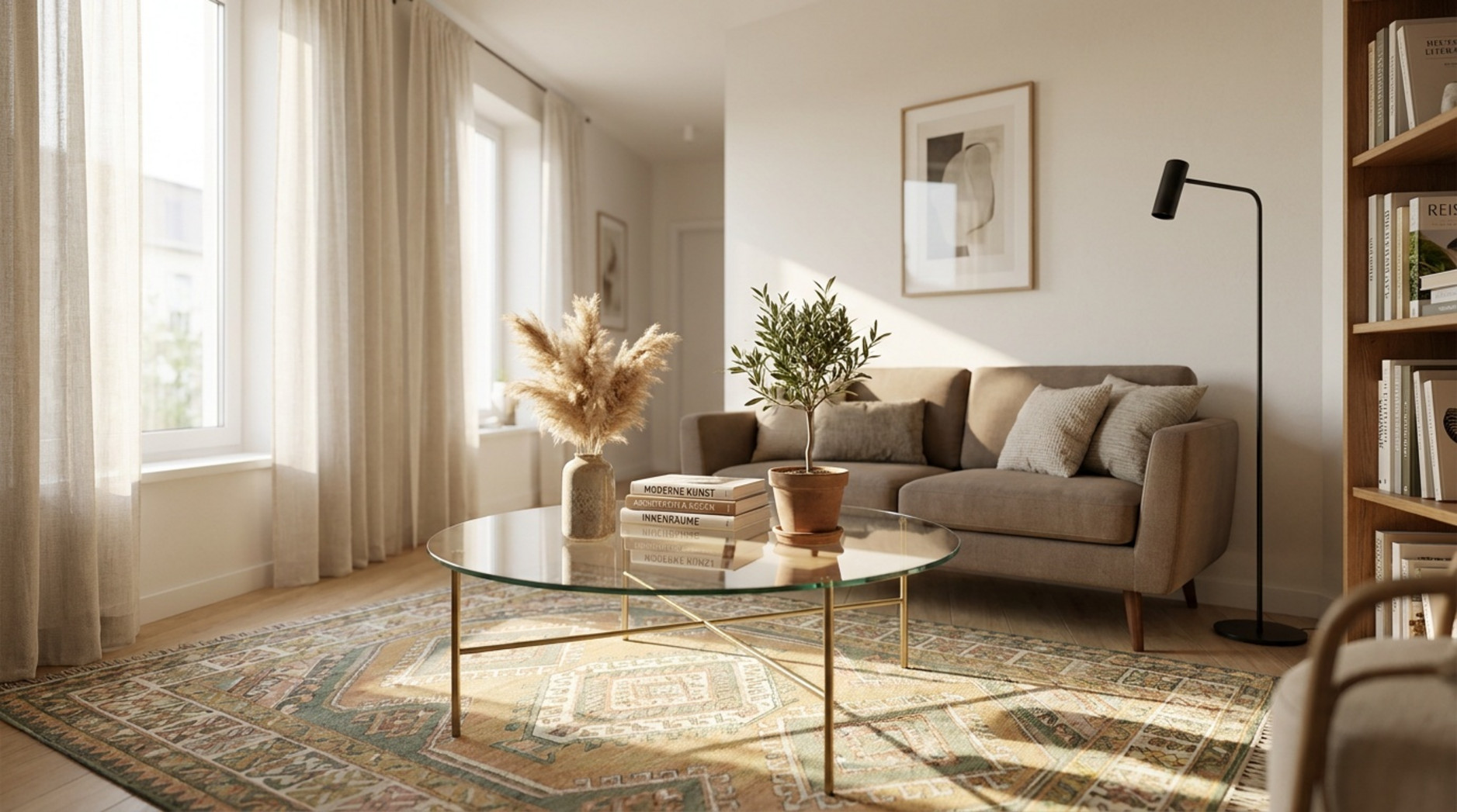 Helles Wohnzimmer mit beigem Sofa, rundem Glas-Couchtisch, Pflanzen, bodenlangen Vorhängen und gemustertem Teppich.