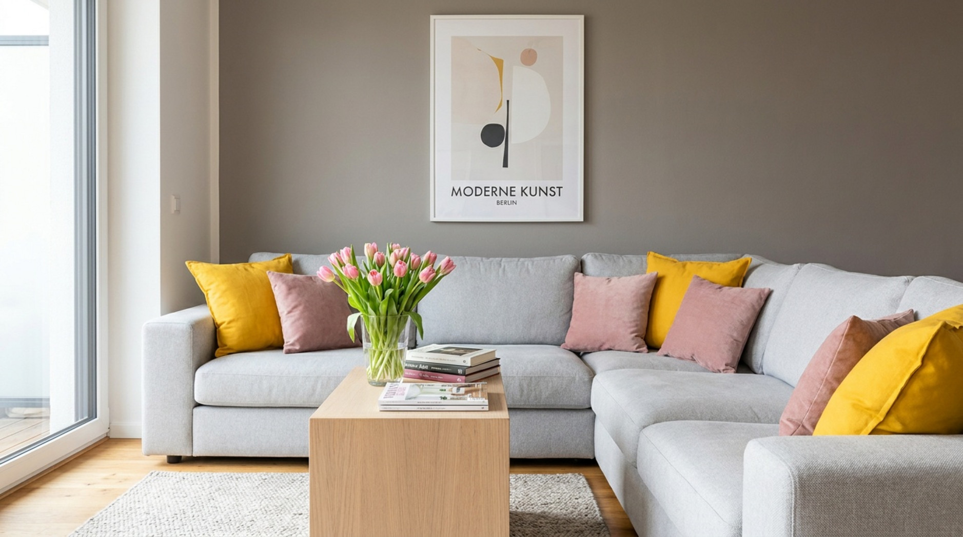 Helles Wohnzimmer mit grauer Eckcouch, rosa und gelben Polstern, Holztisch, Tulpenstrauß und moderner Kunst an der Wand.