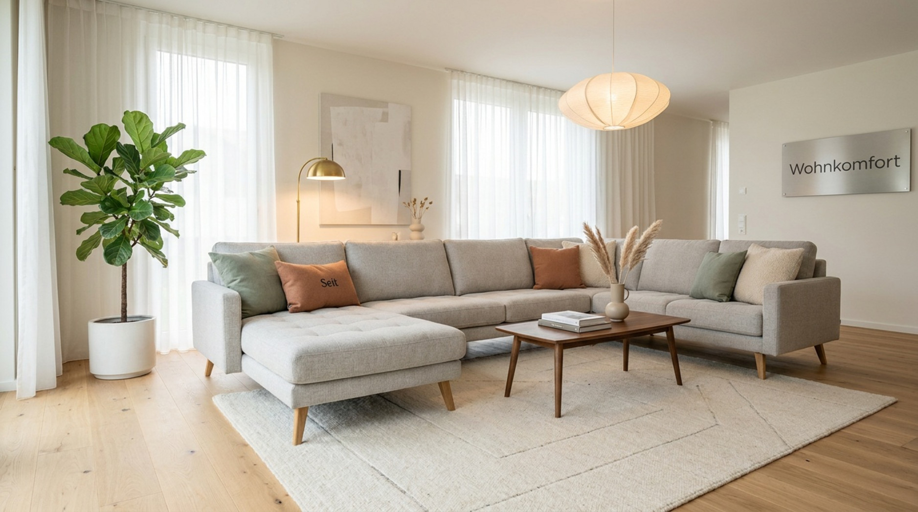 Große hellgraue Wohnlandschaft mit Chaiselongue, Zierkissen und Holzcouchtisch in einem hellen Wohnzimmer