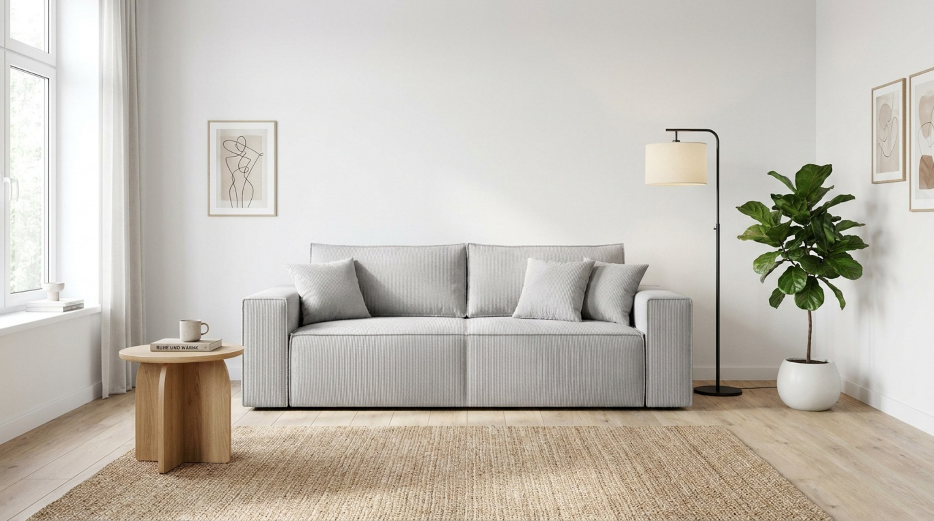 Hellgraues Sofa mit Zierkissen in einem hellen Wohnzimmer mit Holztisch, Stehlampe und Zimmerpflanze