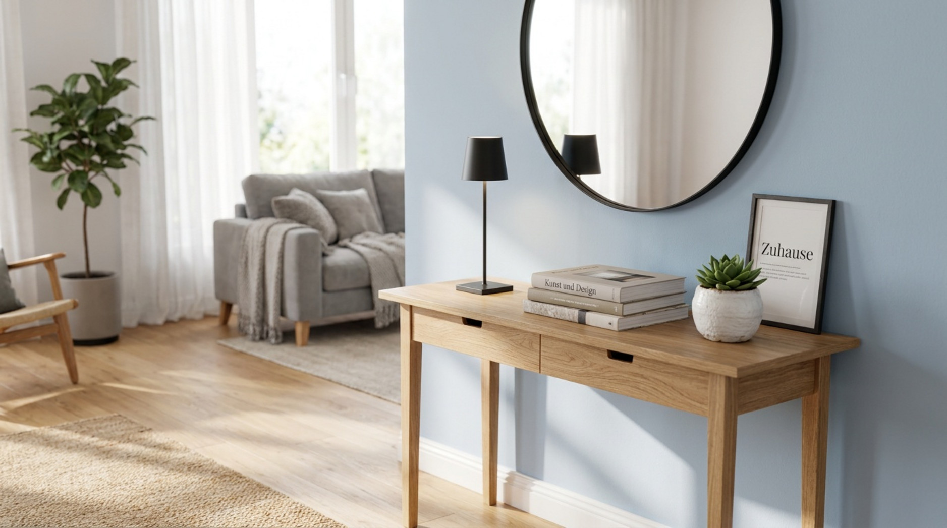 Schmale Holzkonsole mit Schubladen, rundem Wandspiegel, Tischlampe, Büchern und Pflanze