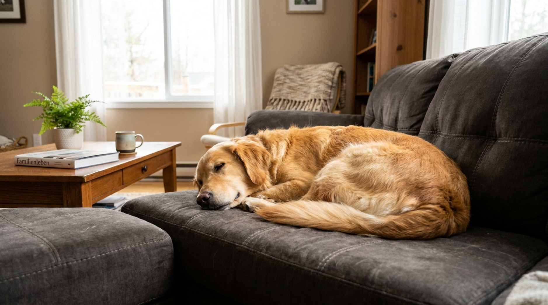 Goldfarbener Hund schläft auf einer dunklen Couch in einem gemütlichen Wohnzimmer mit Holztisch und hellem Fenster.