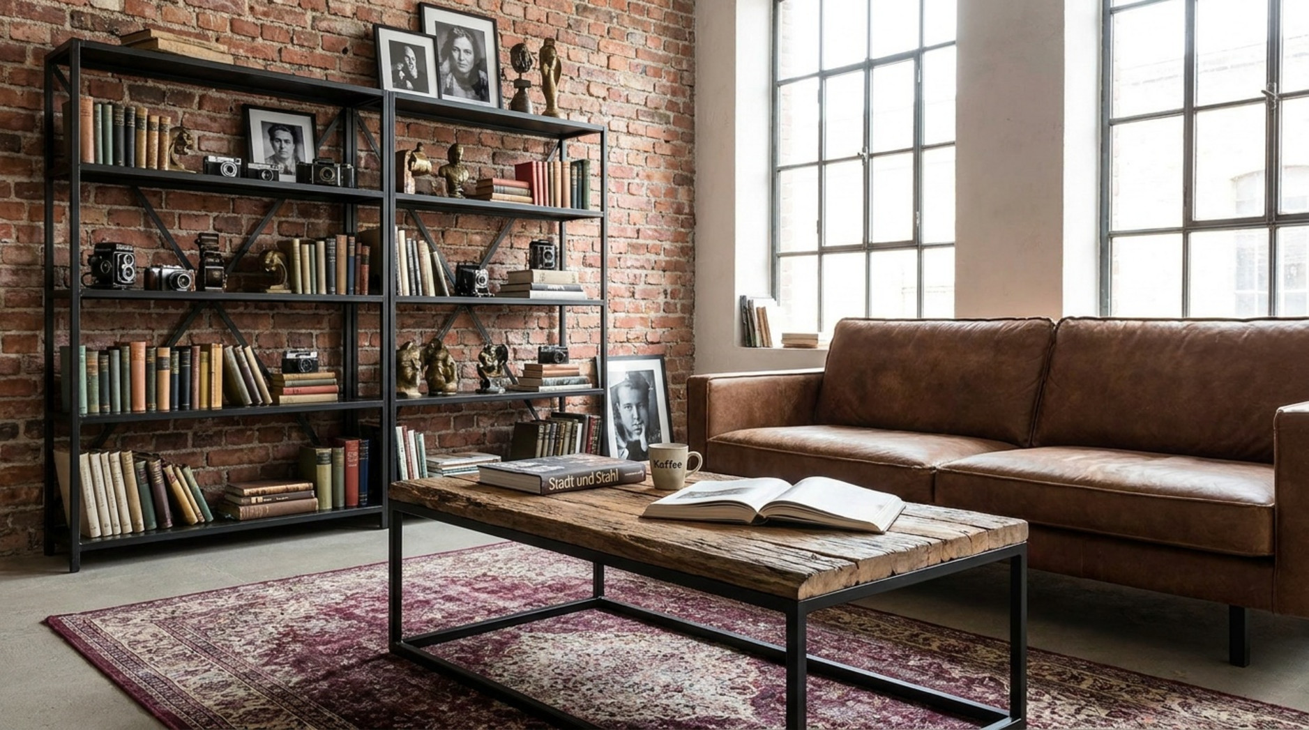 Wohnzimmer im Industriestil mit braunem Ledersofa, Backsteinwand, Metallregal, Holztisch und großen Sprossenfenstern.