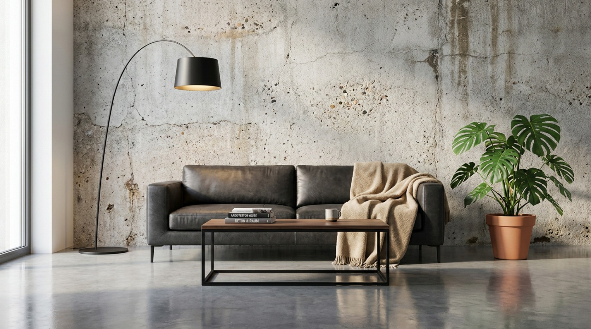 Industrielles Wohnzimmer mit schwarzem Ledersofa, Betonwand, Bogenlampe, Couchtisch und großer Monstera im Topf.
