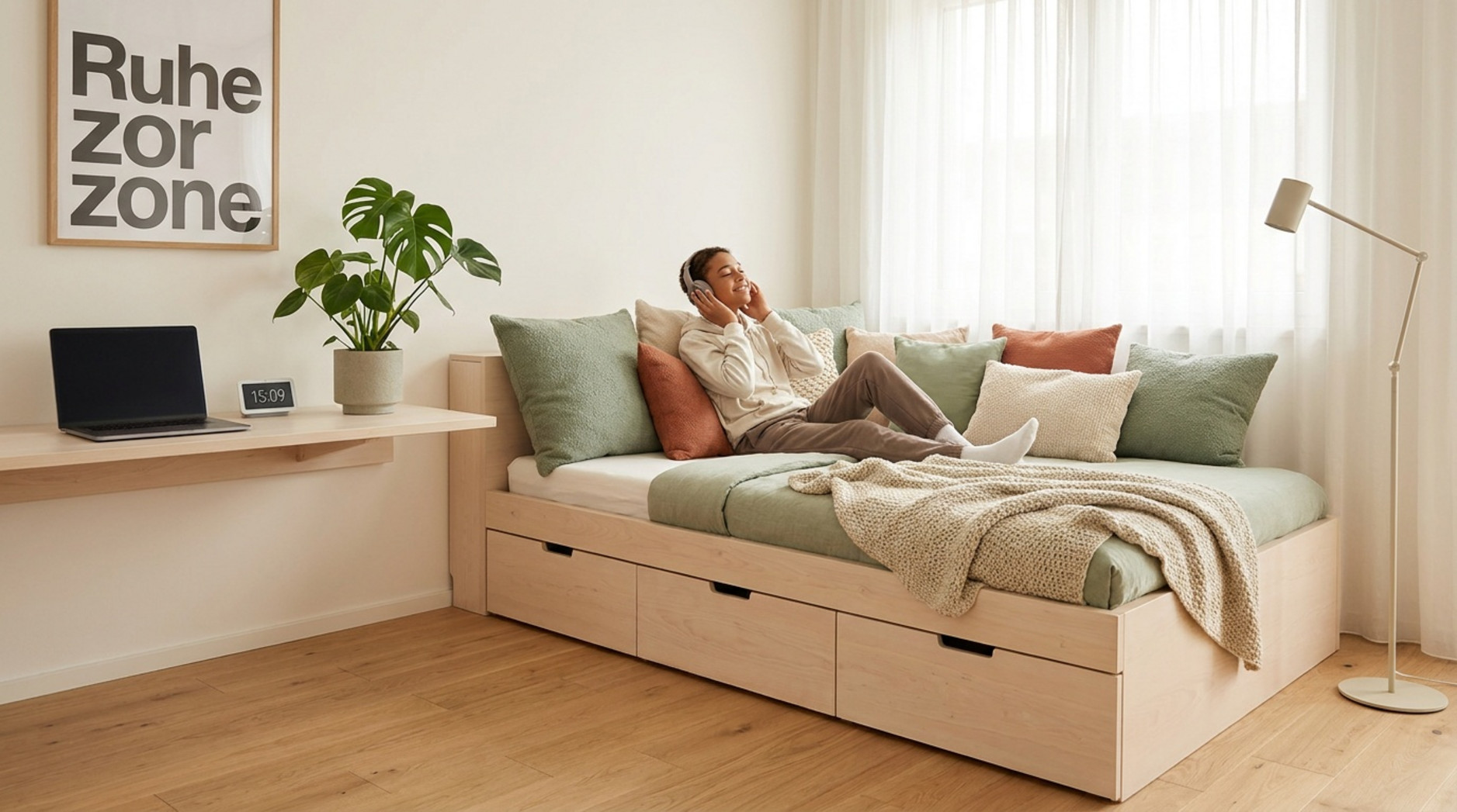 Jugendzimmer mit hellem Bett mit Schubladen, vielen Kissen und einer entspannten Person mit Kopfhörern