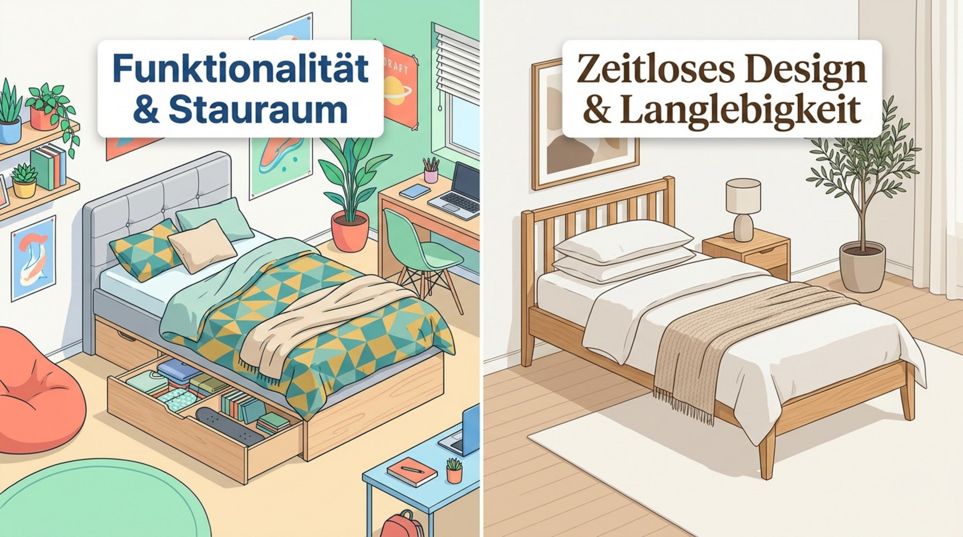 Illustration zweier Kinderzimmer mit Bettmodellen für Funktionalität, Stauraum, zeitloses Design und Langlebigkeit