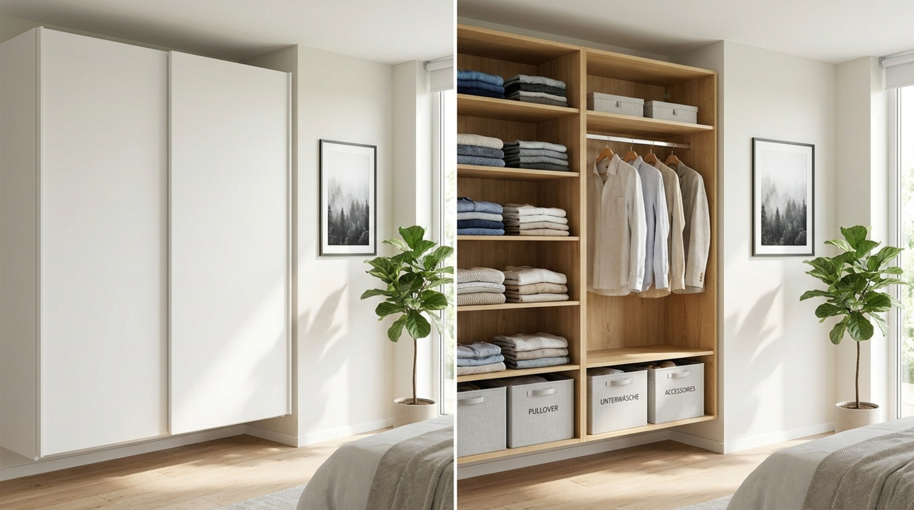 Vergleich eines geschlossenen weißen Kleiderschranks mit geöffnetem Schrank, Regalfächern, Kleiderstange und Aufbewahrungsboxen