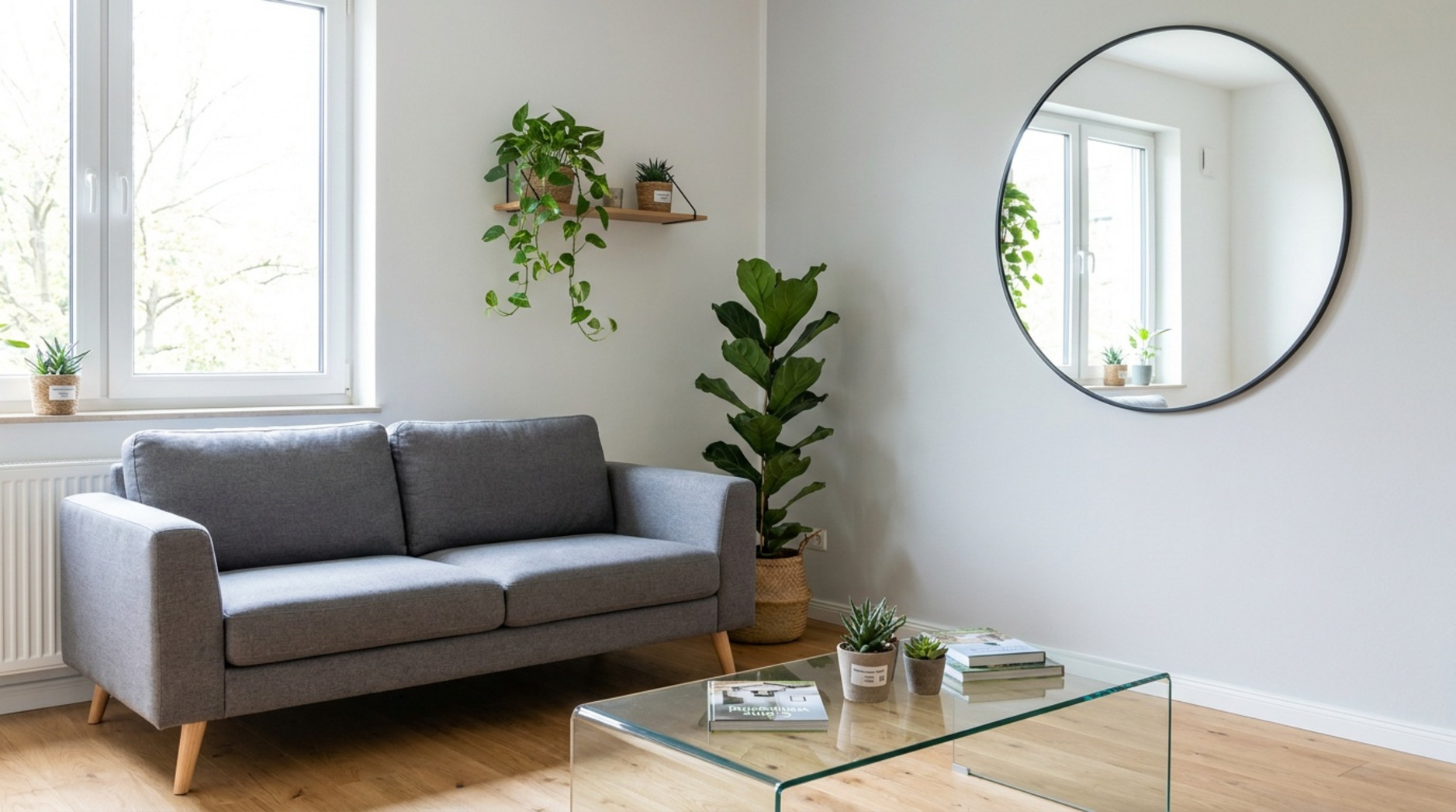 Kleines helles Wohnzimmer mit grauem Sofa, Glascouchtisch, rundem Wandspiegel und mehreren Zimmerpflanzen.