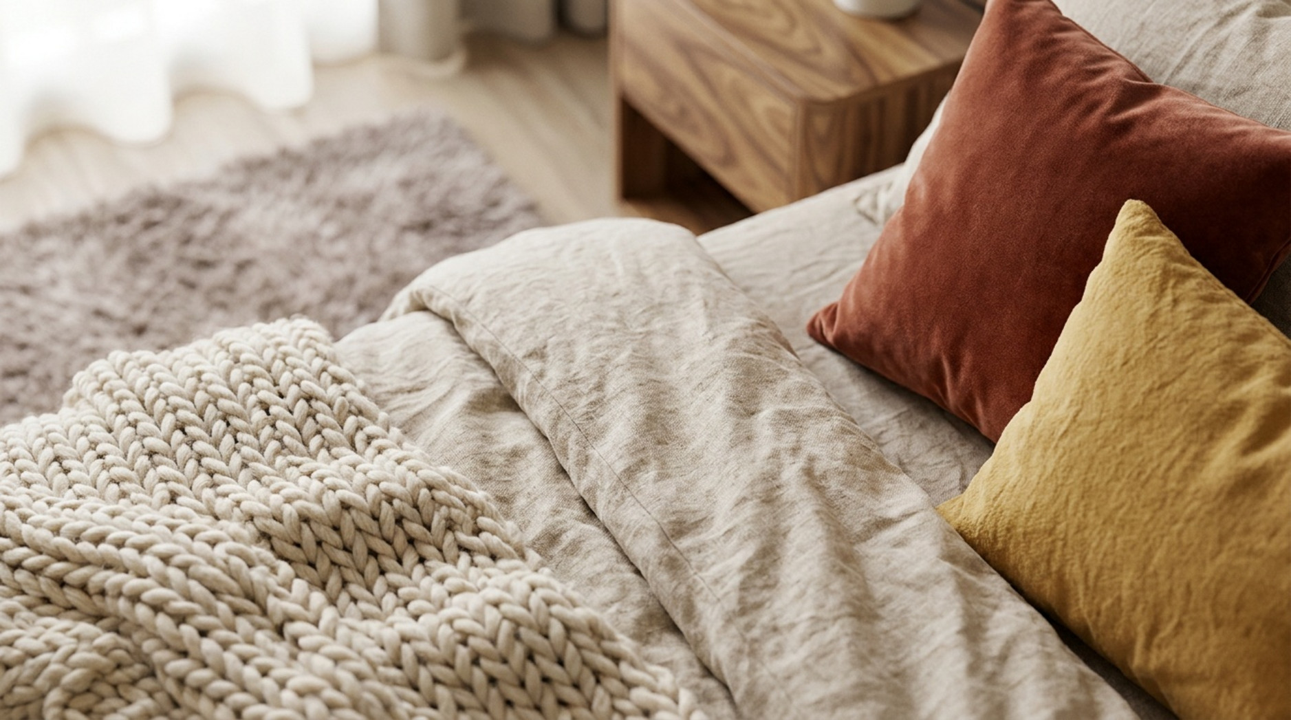 Helle Leinenbettwäsche mit grob gestrickter Decke sowie rostfarbenem und senfgelbem Zierkissen